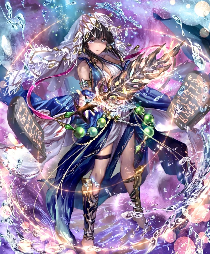 1girl armlet artist_request bare_shoulders barefoot beads brown_hair chains cygames looking_at_viewer medium_hair official_art prophetess_of_creation shadowverse shin_guards smile stone_tablet veil violet_eyes water