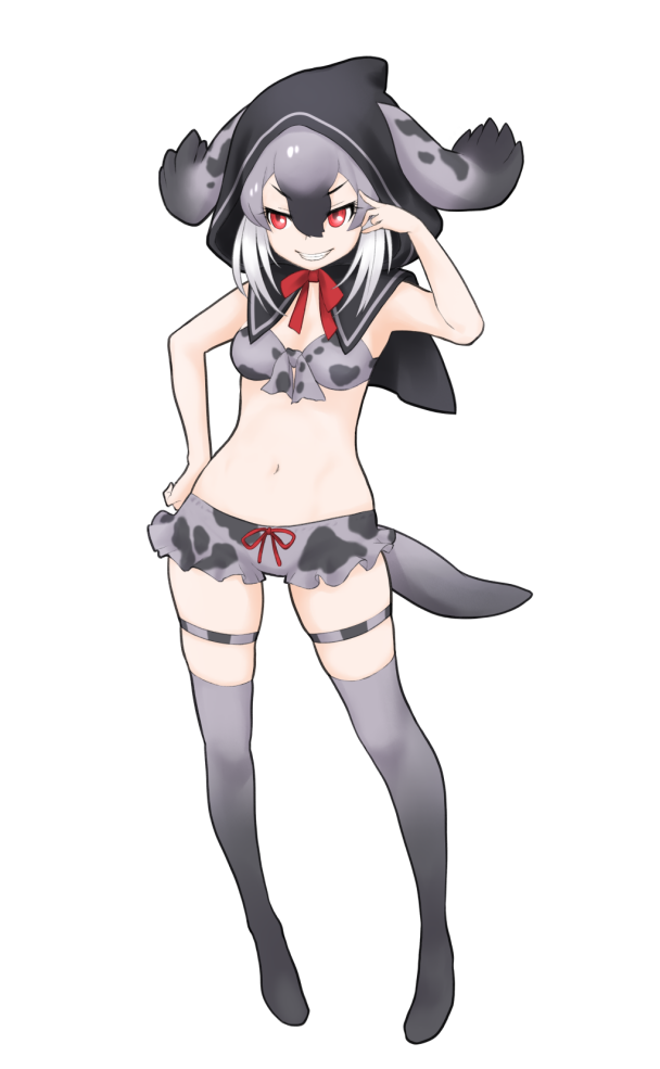 1girl animal_ears bare_arms capelet character_request full_body gradient_hair grey_hair grey_legwear grin hair_between_eyes hand_on_hip hood hooded_capelet ise_(0425) kemono_friends multicolored_hair navel red_eyes simple_background smile solo standing stomach tail thigh-highs thigh_strap v-shaped_eyebrows white_background white_hair