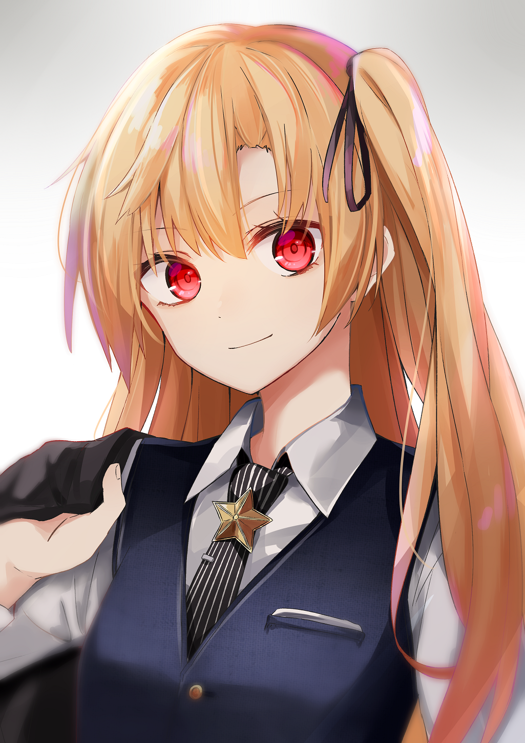 1girl aa_(sin2324) azur_lane bangs black_jacket black_neckwear black_ribbon blonde_hair blue_vest blush cleveland_(azur_lane) closed_mouth collared_shirt commentary_request eyebrows_visible_through_hair fingernails gradient gradient_background grey_background hair_between_eyes hair_ribbon hand_up head_tilt highres holding holding_jacket jacket jacket_over_shoulder jacket_removed long_hair long_sleeves looking_at_viewer necktie one_side_up red_eyes ribbon shirt smile solo star striped striped_neckwear vertical-striped_neckwear vertical_stripes vest white_background white_shirt