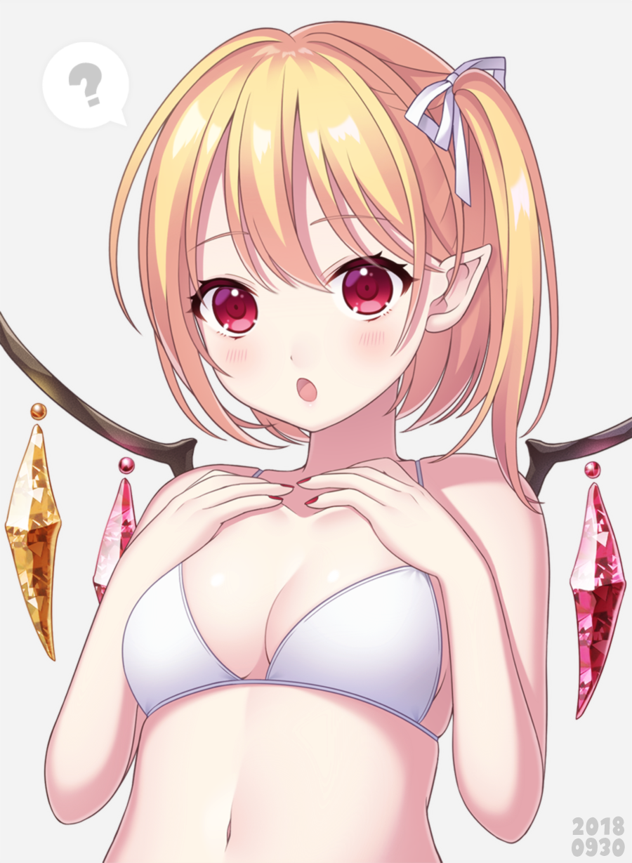 1girl :o ? bangs bare_arms bare_shoulders blonde_hair blush bra breasts cleavage collarbone commentary_request crystal dated eyebrows_visible_through_hair flandre_scarlet grey_background hair_between_eyes hair_ribbon hands_on_own_chest hands_up highres looking_at_viewer medium_breasts nail_polish navel no_hat no_headwear one_side_up open_mouth pointy_ears red_eyes red_nails ribbon shiny shiny_skin short_hair simple_background skindentation solo spoken_question_mark stomach touhou underwear upper_body white_bra white_ribbon wings yamayu