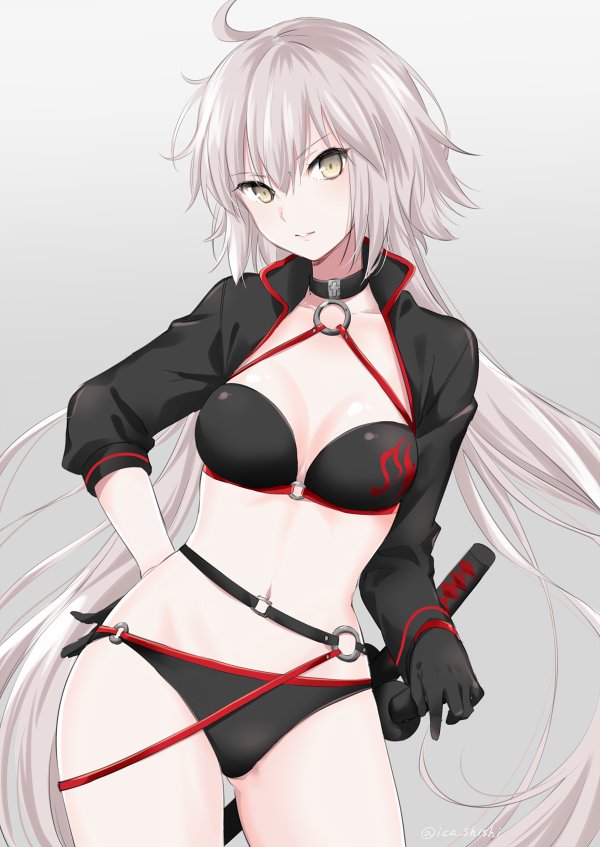 1girl ahoge belt bikini black_bikini black_choker black_gloves breasts choker closed_mouth commentary_request contrapposto cowboy_shot eyebrows_visible_through_hair fate/grand_order fate_(series) gloves grey_background hand_on_hip ica jeanne_d'arc_(alter_swimsuit_berserker) jeanne_d'arc_(fate)_(all) katana light_blush light_smile long_hair long_sleeves looking_at_viewer medium_breasts navel o-ring pale_skin silver_hair simple_background solo standing swimsuit sword twitter_username very_long_hair weapon yellow_eyes