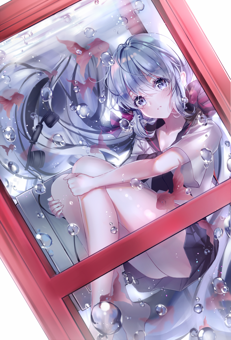 1girl ahoge air_bubble bangs black_neckwear black_sailor_collar black_skirt blue_eyes blue_hair blush bottle_miku bubble eyebrows_visible_through_hair fish goldfish hair_ribbon hands_on_own_knees hatsune_miku knees_up lium long_hair looking_at_viewer parted_lips phone phone_booth red_ribbon ribbon sailor_collar school_uniform serafuku short_sleeves skirt solo submerged very_long_hair vocaloid