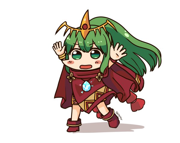 1girl arms_up artist_name bracelet chibi chiki cloak fire_emblem fire_emblem:_mystery_of_the_emblem fire_emblem_heroes green_eyes green_hair jewelry long_hair mamkute nintendo open_mouth ponytail simple_background sksk7r solo stone white_background