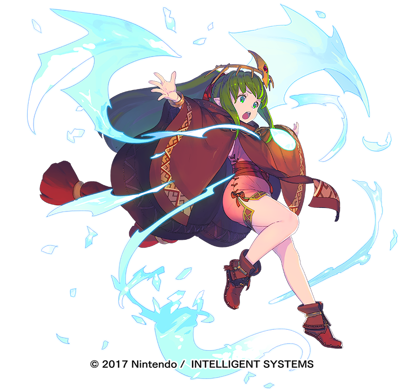 1girl ankle_boots boots brown_cape brown_footwear chiki dress fire_emblem fire_emblem:_mystery_of_the_emblem fire_emblem_heroes green_eyes green_hair headpiece hood hood_down hooded_cape jumping long_hair nagisa_kurousagi nintendo official_art open_mouth outstretched_arms pink_dress ponytail round_teeth sash short_dress simple_background solo spread_arms standing standing_on_one_leg teeth watermark white_background