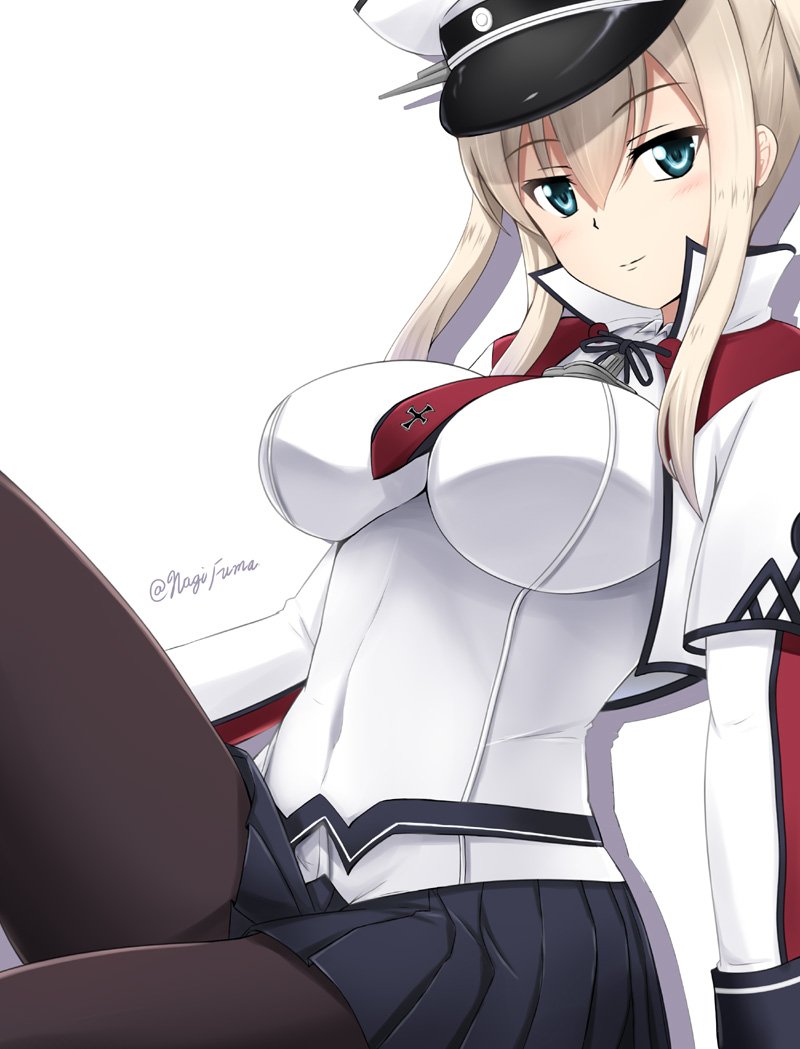 1girl black_legwear capelet celtic_knot commentary_request fuuma_nagi gloves graf_zeppelin_(kantai_collection) hair_between_eyes hat iron_cross kantai_collection looking_at_viewer military military_hat military_uniform miniskirt necktie pantyhose peaked_cap pleated_skirt sidelocks simple_background skirt solo twintails twitter_username uniform white_background white_hat