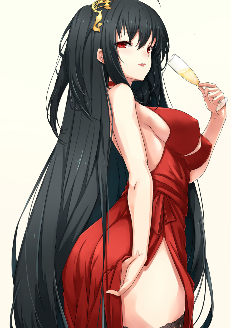 1girl ahoge alcohol alternate_costume asya azur_lane bangs bare_arms bare_shoulders black_hair black_legwear blush breasts champagne champagne_flute choker cocktail_dress covered_nipples cup dress drinking_glass eyebrows_visible_through_hair from_side hair_between_eyes hair_ornament highres holding holding_cup huge_breasts lace lace-trimmed_thighhighs large_breasts long_hair looking_at_viewer one_side_up red_choker red_dress red_eyes side_slit sidelocks simple_background smile solo taihou_(azur_lane) thigh-highs thighs very_long_hair yellow_background