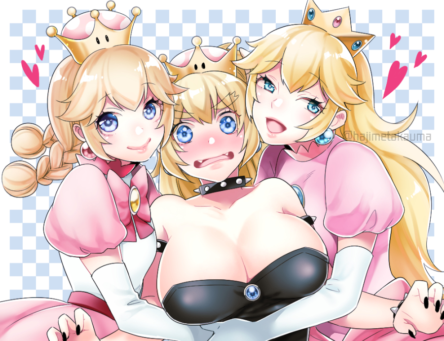 3girls aqua_earrings aqua_eyes bangs bare_shoulders black_dress blonde_hair blue_earrings blue_eyes blush border bowsette bracelet braid breasts brooch checkered checkered_background cleavage collar collarbone crown dress elbow_gloves embarrassed eyebrows_visible_through_hair fangs flat_chest girl_sandwich gloves group_hug hair_between_eyes hajimetakauma happy heart horns hug huge_breasts jewelry lips long_hair looking_at_viewer super_mario_bros. medium_breasts multiple_girls new_super_mario_bros._u_deluxe nintendo nose_blush open_mouth outline outside_border peachette pink_dress pink_earrings pink_lips pink_skirt ponytail princess_peach puffy_short_sleeves puffy_sleeves reflective_eyes sandwiched shiny shiny_clothes shiny_hair shiny_skin shirt short_sleeves sidelocks skirt smile spiked_bracelet spiked_collar spikes strapless strapless_dress super_crown thick_eyebrows twin_braids twitter_username very_long_hair violet_eyes white_border white_gloves white_shirt