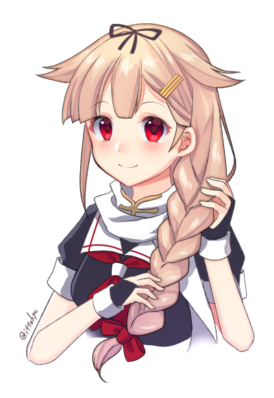 black_ribbon black_serafuku blonde_hair braid fingerless_gloves gloves gradient_hair hair_flaps hair_ornament hair_ribbon hairclip ittokyu kantai_collection long_hair multicolored_hair neckerchief red_eyes red_neckwear remodel_(kantai_collection) ribbon scarf school_uniform serafuku single_braid twitter_username white_scarf yuudachi_(kantai_collection)