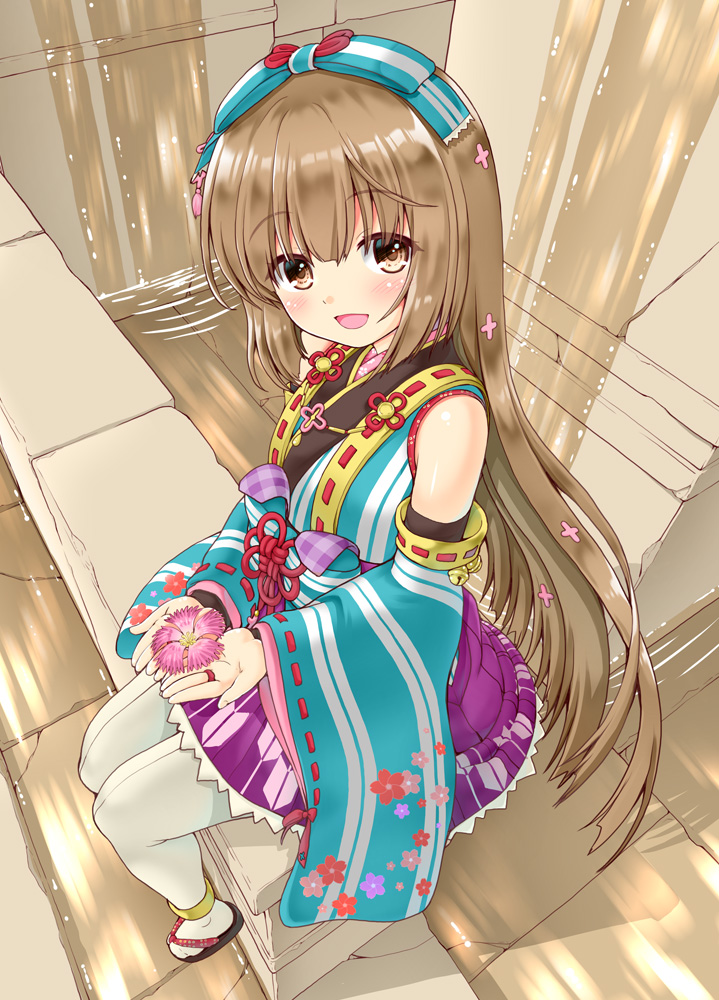 1girl anklet bangs bare_shoulders bell blue_bow blue_kimono blush bow bridal_gauntlets brown_eyes brown_hair detached_sleeves eyebrows_visible_through_hair floral_print flower fountain hair_bow hair_flower hair_ornament idolmaster idolmaster_cinderella_girls idolmaster_cinderella_girls_starlight_stage japanese_clothes jewelry jingle_bell kaishinshi kimono long_hair looking_at_viewer open_mouth purple_skirt sandals sash sitting skirt smile striped striped_bow striped_kimono very_long_hair white_legwear wide_sleeves yorita_yoshino
