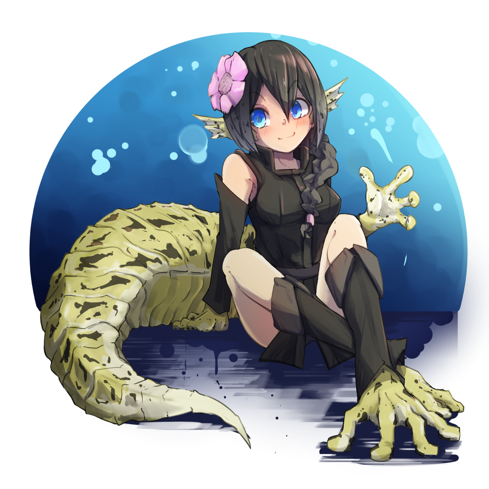 1girl bare_shoulders black_hair blue_eyes blush borrowed_character braid detached_sleeves flower full_body hair_between_eyes hair_flower hair_ornament head_fins large_tail legs_crossed lizard_girl long_hair looking_at_viewer monster_girl nanostar original paws sitting smile solo tail transparent_background tunic v-shaped_eyebrows