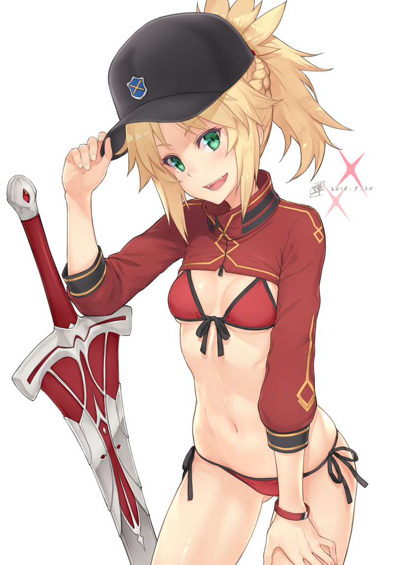 1girl :d arm_up artoria_pendragon_(all) ass_visible_through_thighs bangs baseball_cap bikini black_hat black_ribbon braid breasts clarent commentary_request cosplay cowboy_shot dan_(kumadan) dated eyebrows_visible_through_hair fate/grand_order fate_(series) french_braid front-tie_bikini front-tie_top green_eyes hand_on_headwear hand_on_own_thigh hat head_tilt long_hair long_sleeves looking_at_viewer mordred_(fate) mordred_(fate)_(all) mysterious_heroine_xx_(foreigner) mysterious_heroine_xx_(foreigner)_(cosplay) navel open_mouth parted_bangs red_bikini ribbon shrug_(clothing) side-tie_bikini sidelocks simple_background small_breasts smile solo sparkle stomach swimsuit sword teeth thighs under_boob weapon white_background wristband zipper zipper_pull_tab