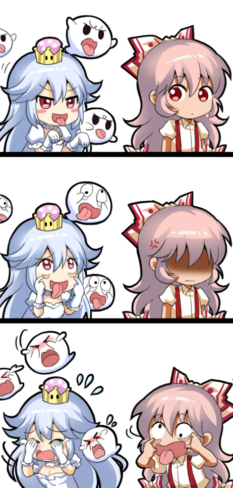 &gt;_&lt; 2girls 3koma :d akanbe anger_vein bangs black_eyes blush_stickers boo bow breasts chibi chinese_commentary choker comic commentary_request cross_eyed crown crying dress eyebrows_visible_through_hair flying_teardrops frilled_choker frills fujiwara_no_mokou gloves hair_bow hands_up long_hair looking_at_another luigi's_mansion super_mario_bros. medium_breasts mini_crown multiple_girls new_super_mario_bros._u_deluxe nintendo open_mouth pink_hair princess_king_boo puffy_short_sleeves puffy_sleeves red_eyes shaded_face shangguan_feiying shirt short_sleeves silver_hair smile super_crown suspenders tongue tongue_out touhou very_long_hair wavy_mouth white_bow white_choker white_dress white_gloves white_shirt