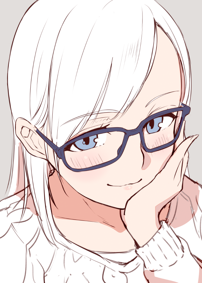1girl black-framed_eyewear blue_eyes blush chin_rest closed_mouth commentary_request eyebrows_visible_through_hair glasses grey_background hand_up hi_iro long_hair long_sleeves looking_at_viewer original portrait simple_background smile solo sweater white_hair