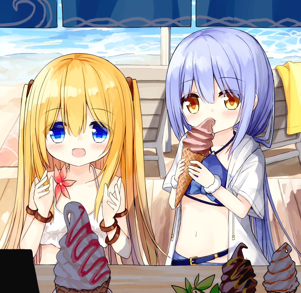 2girls :d bangs bare_shoulders bikini bikini_under_clothes blonde_hair blue_bikini blue_eyes blue_hair blush brown_eyes closed_mouth commentary_request day drawstring eyebrows_visible_through_hair flower_girl_(yuuhagi_(amaretto-no-natsu)) food hair_between_eyes holding holding_food hood hood_down hooded_jacket ice_cream ice_cream_cone jacket long_hair multiple_girls open_mouth original outdoors short_sleeves smile soft_serve standing swimsuit two_side_up very_long_hair water white_bikini white_jacket wide_sleeves yuuhagi_(amaretto-no-natsu)