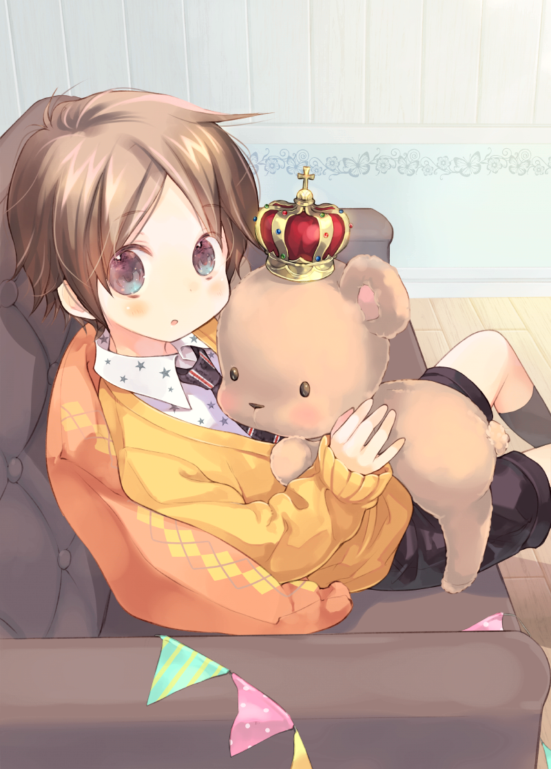 1boy armchair black_neckwear black_shorts blue_eyes blush brown_hair cardigan chair collared_shirt commentary_request crown eyebrows_visible_through_hair from_side kuga_tsukasa long_sleeves necktie original parted_lips shirt shorts sitting solo string_of_flags stuffed_animal stuffed_toy teddy_bear white_shirt wing_collar