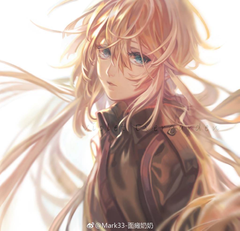 1girl artist_request blonde_hair blue_eyes from_side green_shirt hair_between_eyes long_hair looking_at_viewer messy_hair military military_uniform parted_lips shirt strap uniform violet_evergarden violet_evergarden_(character)