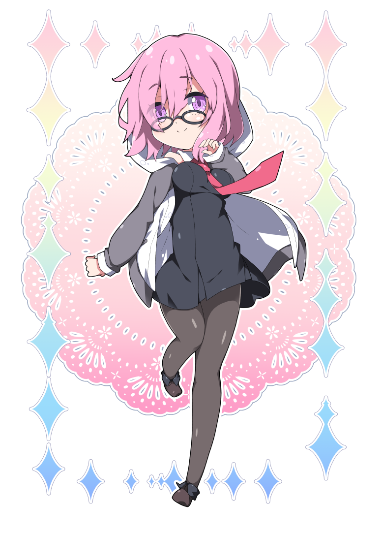 1girl bangs bare_shoulders black-framed_eyewear black_dress blush breasts brown_footwear brown_legwear chibi closed_mouth collared_dress commentary_request dress eyebrows_visible_through_hair fate/grand_order fate_(series) glasses hair_between_eyes hand_up jacket large_breasts long_sleeves mash_kyrielight milkpanda necktie open_clothes open_jacket pantyhose pink_hair red_neckwear short_hair sleeveless sleeveless_dress sleeves_past_wrists smile solo sparkle standing standing_on_one_leg violet_eyes white_jacket