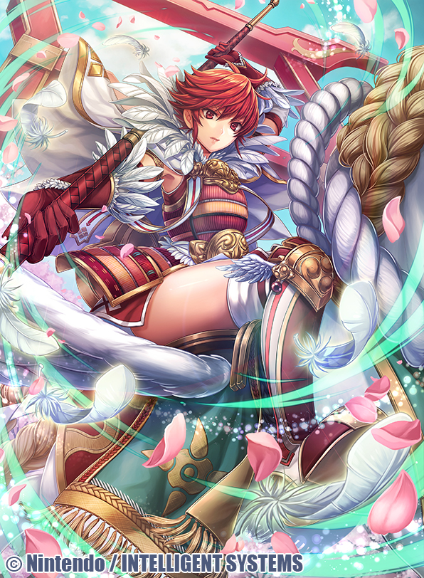armor boots breastplate cape cherry_blossoms clouds cloudy_sky elbow_gloves feathers fire_emblem fire_emblem_cipher fire_emblem_if flying fumi_(butakotai) gloves hinoka_(fire_emblem_if) japanese_armor lance looking_at_viewer nintendo official_art pegasus pegasus_knight petals polearm red_eyes red_footwear red_gloves redhead riding short_hair sky thigh-highs thigh_boots thighs torii watermark weapon wind