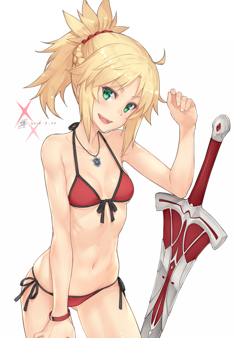 1girl :d arm_up artoria_pendragon_(all) ass_visible_through_thighs bangs bare_arms bare_shoulders baseball_cap bikini black_hat black_ribbon braid breasts clarent collarbone cosplay cowboy_shot dan_(kumadan) dated eyebrows_visible_through_hair fate/grand_order fate_(series) french_braid front-tie_bikini front-tie_top green_eyes hand_on_own_thigh hat head_tilt jewelry long_hair long_sleeves looking_at_viewer mordred_(fate) mordred_(fate)_(all) mysterious_heroine_xx_(foreigner) mysterious_heroine_xx_(foreigner)_(cosplay) navel necklace open_mouth parted_bangs pendant red_bikini ribbon shrug_(clothing) side-tie_bikini sidelocks simple_background small_breasts smile solo sparkle stomach swimsuit sword teeth thighs under_boob weapon white_background wristband
