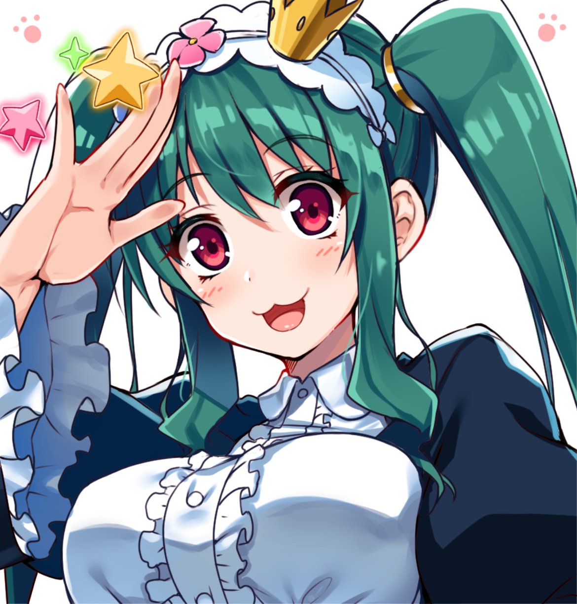 1girl :3 crown frills green_hair hairband highres kuroi_ginko long_hair long_sleeves looking_at_viewer maid mini_crown planet_with puffy_sleeves raiou red_eyes sidelocks twintails upper_body