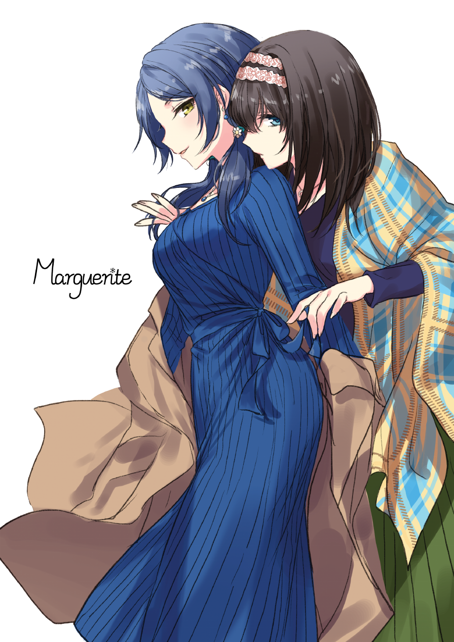 2girls alternate_hair_length alternate_hairstyle bangs black_hair blue_dress blue_eyes blue_hair blue_sweater blush breasts coat coat_removed commentary_request dress from_side green_skirt hairband hayami_kanade highres holding_another's_hair idolmaster idolmaster_cinderella_girls idolmaster_cinderella_girls_starlight_stage jewelry long_hair long_skirt looking_at_viewer low_twintails medium_breasts multiple_girls necklace parted_bangs parted_lips profile romi_(346_ura) sagisawa_fumika short_hair simple_background skirt sweater twintails white_background yellow_eyes yuri