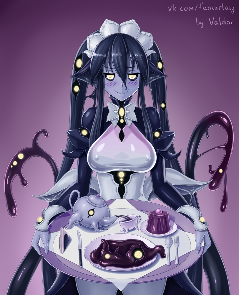 1girl alternate_hairstyle black_sclera blush breasts closed_mouth commentary covered_nipples cowboy_shot cup dress eldritch_abomination english_commentary extra_eyes fingernails food fork hair_between_eyes holding knife large_breasts long_hair maid maid_headdress monster_girl monster_girl_encyclopedia plate pudding purple_skin red_background shoggoth_(monster_girl_encyclopedia) signature smile solo spoon standing teacup teapot tentacle tissue tray twintails valldor very_long_hair white_dress yellow_eyes