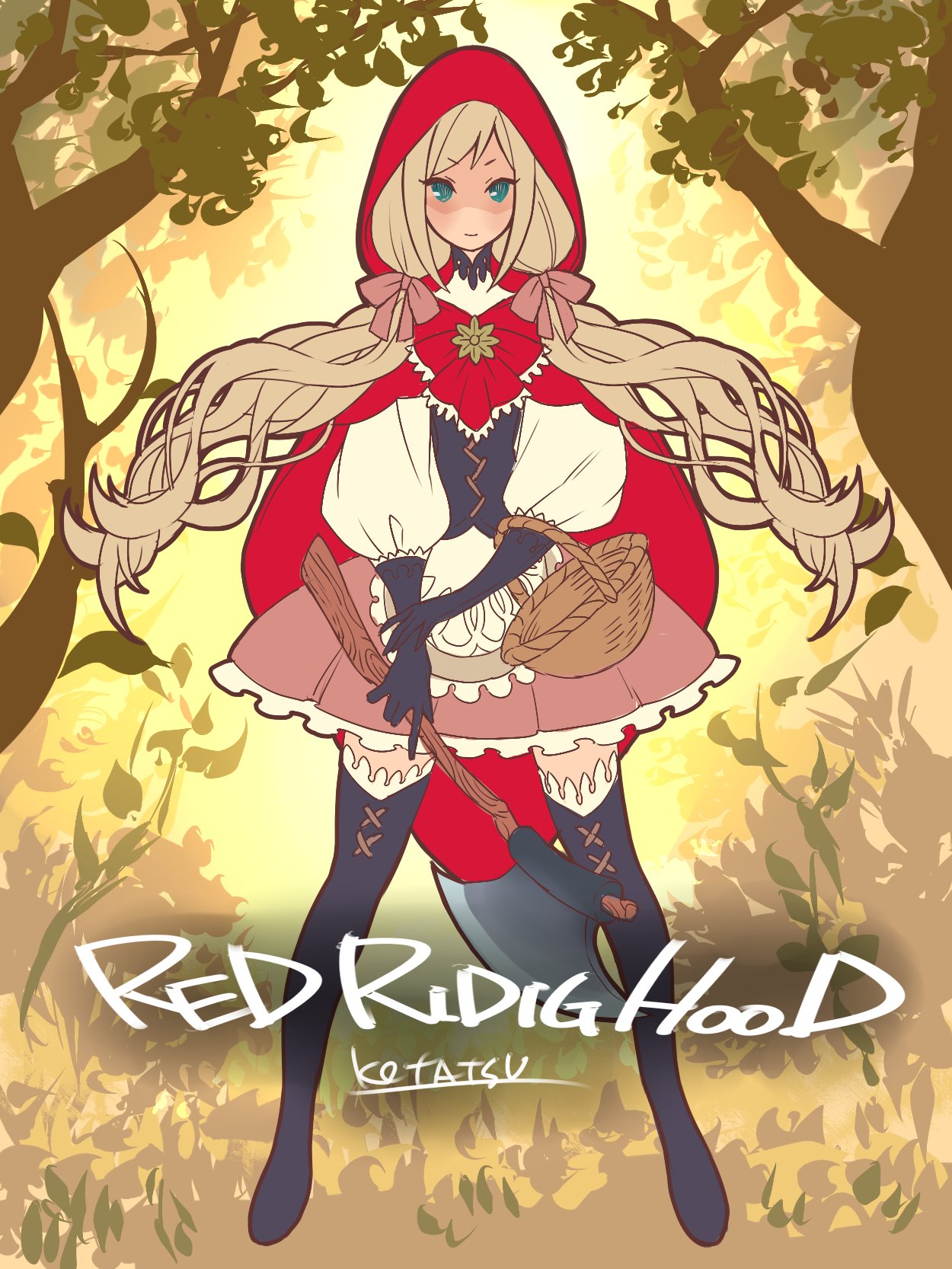 1girl apron artist_name axe black_gloves black_legwear blonde_hair cape character_name closed_mouth copyright_name engrish floating_hair gloves green_eyes hair_ribbon highres holding holding_weapon hood hood_up hooded_cape kotatsu_(g-rough) legs_apart little_red_riding_hood little_red_riding_hood_(grimm) long_hair looking_at_viewer low_twintails pink_ribbon pink_skirt pleated_skirt puffy_sleeves ranguage red_cape ribbon skirt solo standing thigh-highs tree twintails waist_apron weapon white_apron zettai_ryouiki