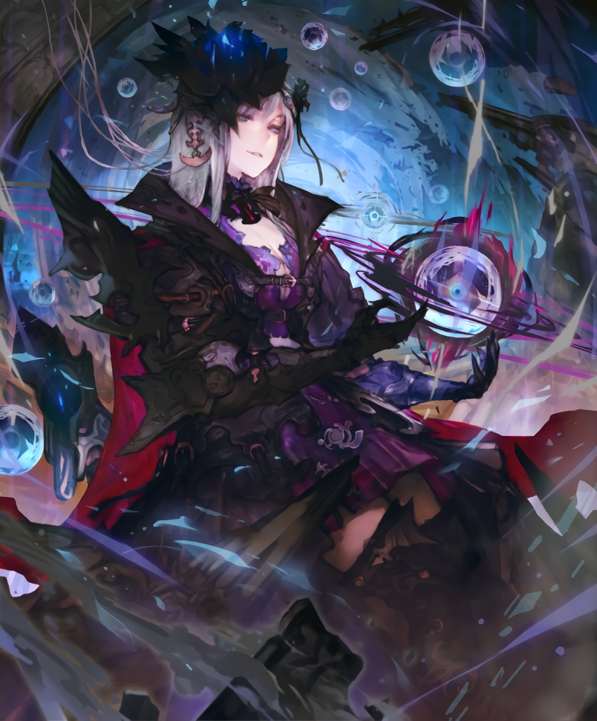 1girl armor artist_request boots cygames darkness dress frills gauntlets gilnelise_omen_of_craving gloves grey_eyes hair_ornament hair_ribbon looking_at_viewer official_art orb ribbon ruins shadowverse smirk thigh-highs thigh_boots white_hair