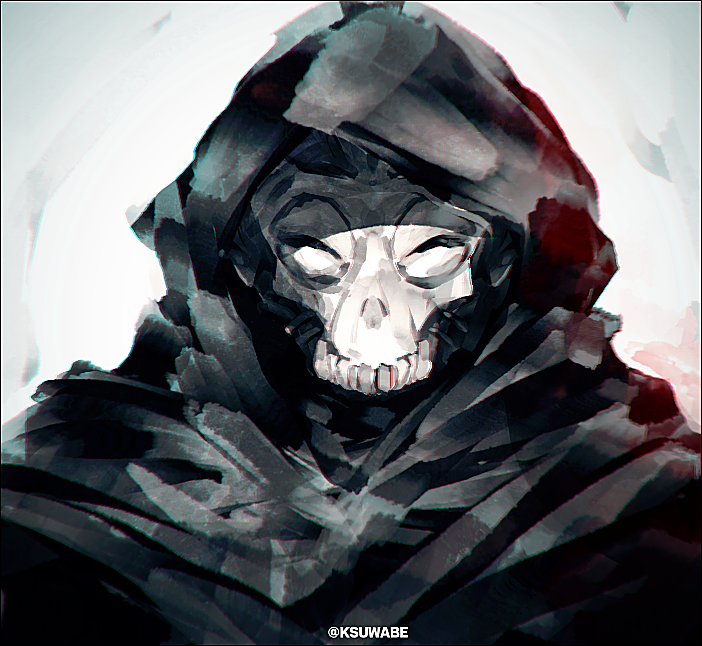 1boy black_border black_cloak border cloak facing_viewer fate/stay_night fate_(series) grey_background hood hood_up hooded_cloak kei-suwabe male_focus mask skull_mask solo true_assassin twitter_username upper_body