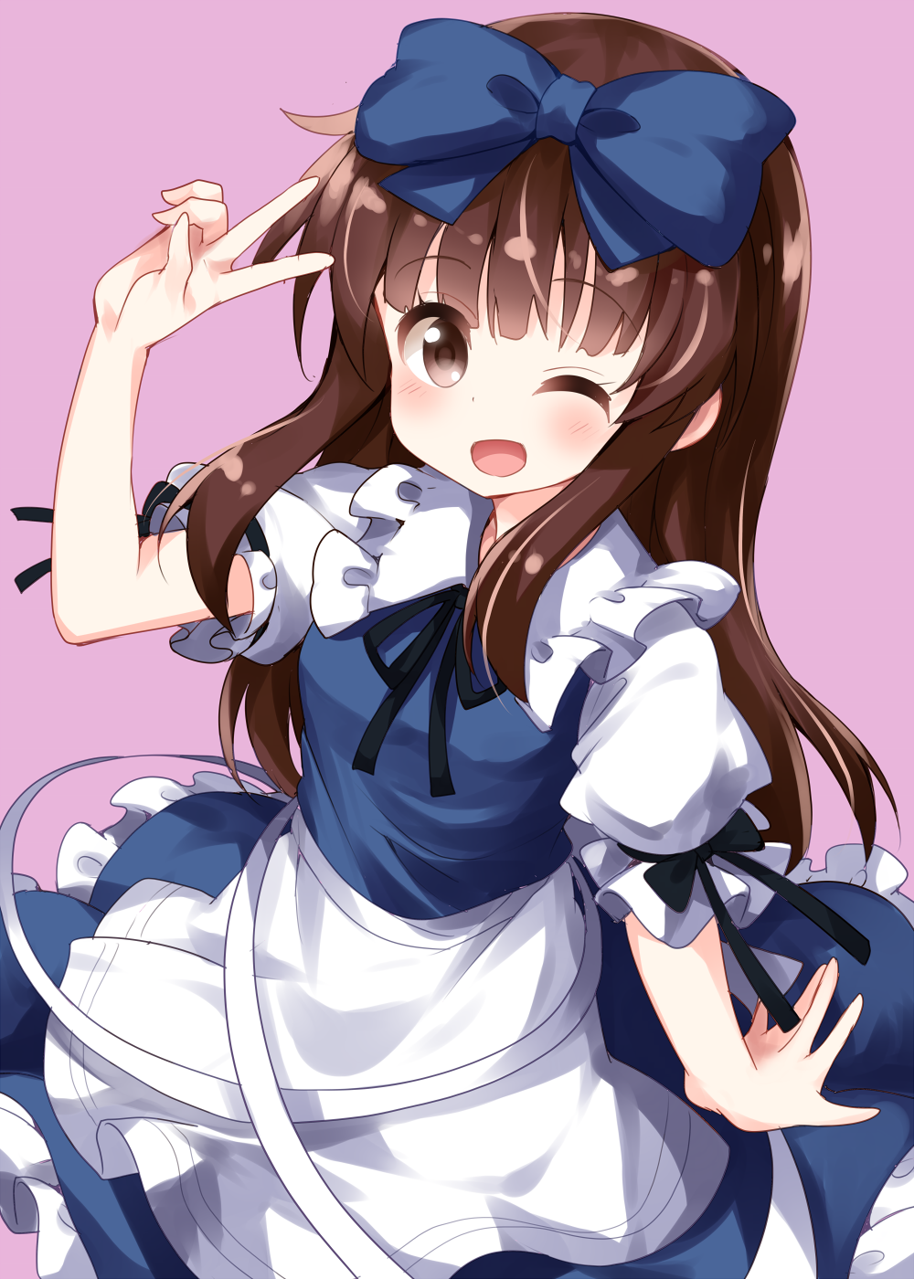 1girl ;d blue_bow blue_dress bow brown_hair dress eyebrows_visible_through_hair frilled_dress frills hair_bow highres long_hair looking_at_viewer one_eye_closed open_mouth pink_background puffy_short_sleeves puffy_sleeves red_eyes ruu_(tksymkw) short_sleeves simple_background smile solo star_sapphire touhou two-tone_dress v white_dress