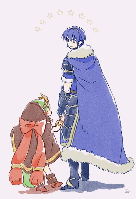 1boy 1girl blue_cape blue_eyes blue_hair bracelet cape chiki cloak closed_eyes closed_mouth fire_emblem fire_emblem:_mystery_of_the_emblem fire_emblem_heroes from_behind from_side fur_trim gauntlets green_hair hood jewelry long_hair looking_to_the_side mamkute marth murabito_ba nintendo open_mouth short_hair short_sleeves simple_background smile standing star tiara