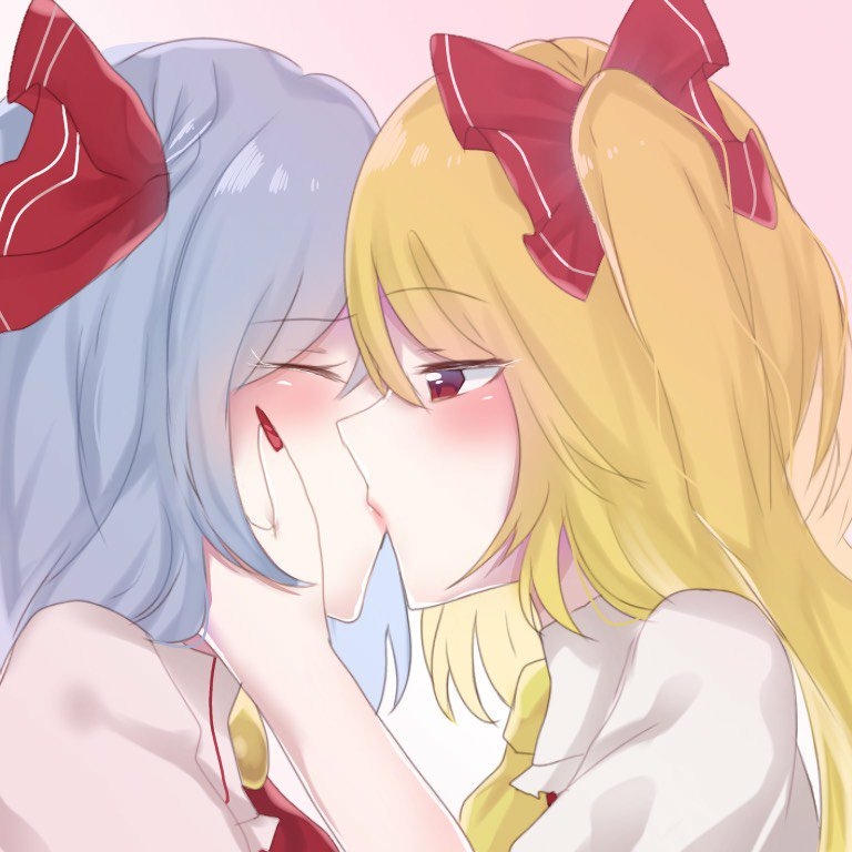2girls ^_^ ascot bangs blonde_hair blue_hair blush brooch closed_eyes closed_eyes commentary_request dress esatongi eyebrows_visible_through_hair facing_another flandre_scarlet gradient gradient_background hair_ribbon incest jewelry kiss lips long_hair looking_at_another multiple_girls nail_polish no_hat no_headwear one_side_up pink_background pink_dress puffy_short_sleeves puffy_sleeves red_eyes red_nails red_neckwear red_ribbon red_vest remilia_scarlet ribbon shirt short_hair short_sleeves touhou upper_body vest white_background white_shirt yellow_neckwear yuri