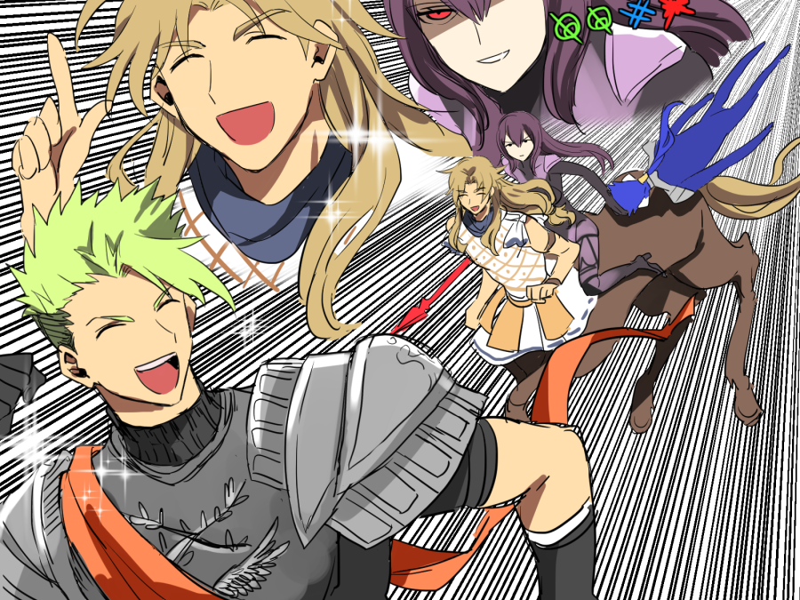 1girl 3boys :d achilles_(fate) armor blue_bodysuit blue_hair bodysuit breastplate centaur chiron_(fate) closed_eyes emphasis_lines evil_smile eyebrows_visible_through_hair fate/grand_order fate_(series) gae_bolg green_hair holding holding_weapon lance lancer light_brown_hair long_hair multiple_boys open_mouth polearm purple_hair red_eyes scathach_(fate)_(all) scathach_(fate/grand_order) shoulder_armor smile sparkle spaulders takashi_(onikukku) weapon