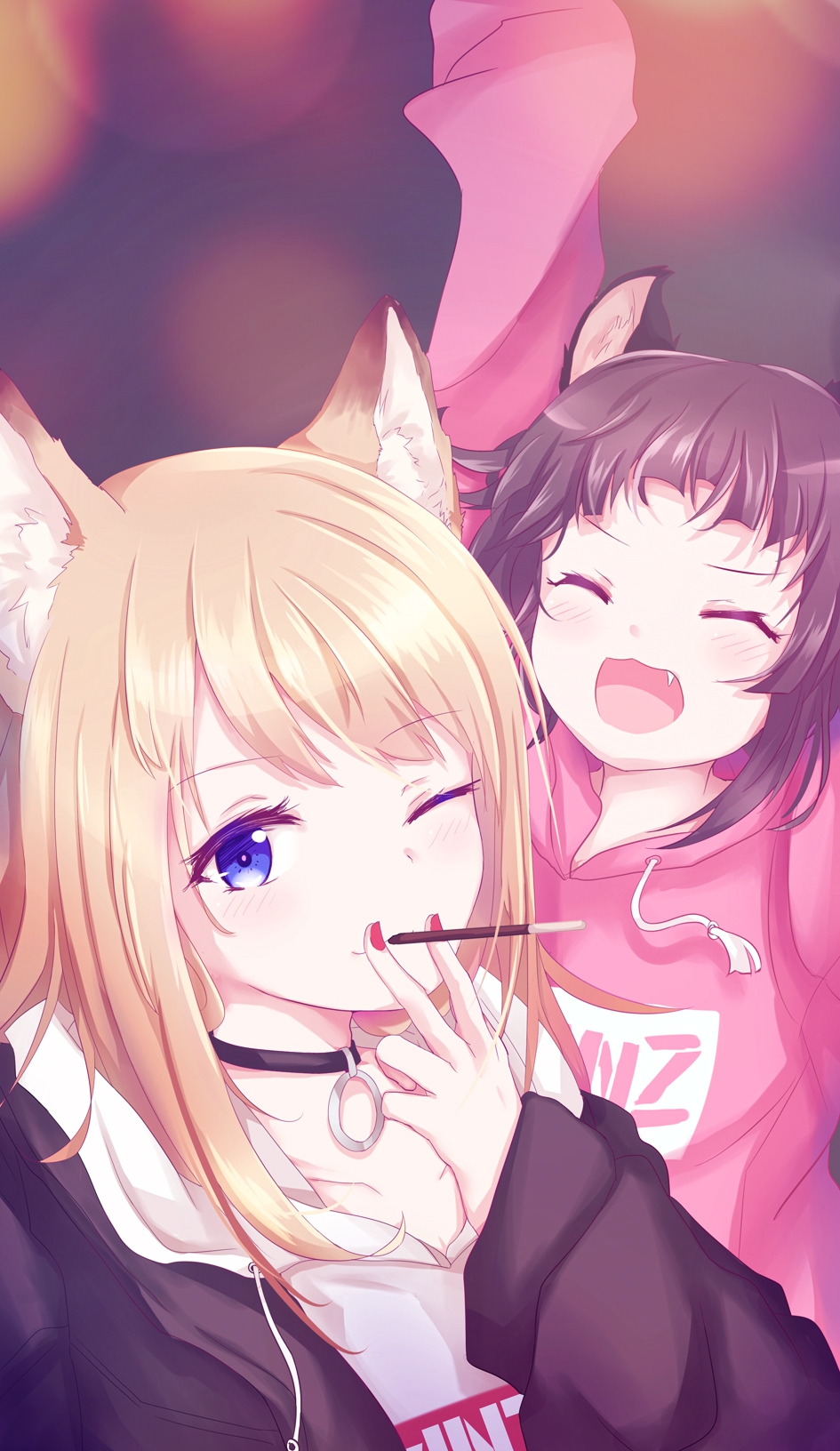 2girls animal_ear_fluff animal_ears arms_up blonde_hair blue_eyes brown_hair choker dog_ears eyebrows_visible_through_hair fang food highres hood hood_down hoodie kmnz long_hair mc_lita mc_liz mouth_hold multiple_girls nyaku one_eye_closed open_mouth pocky short_hair smile v virtual_youtuber