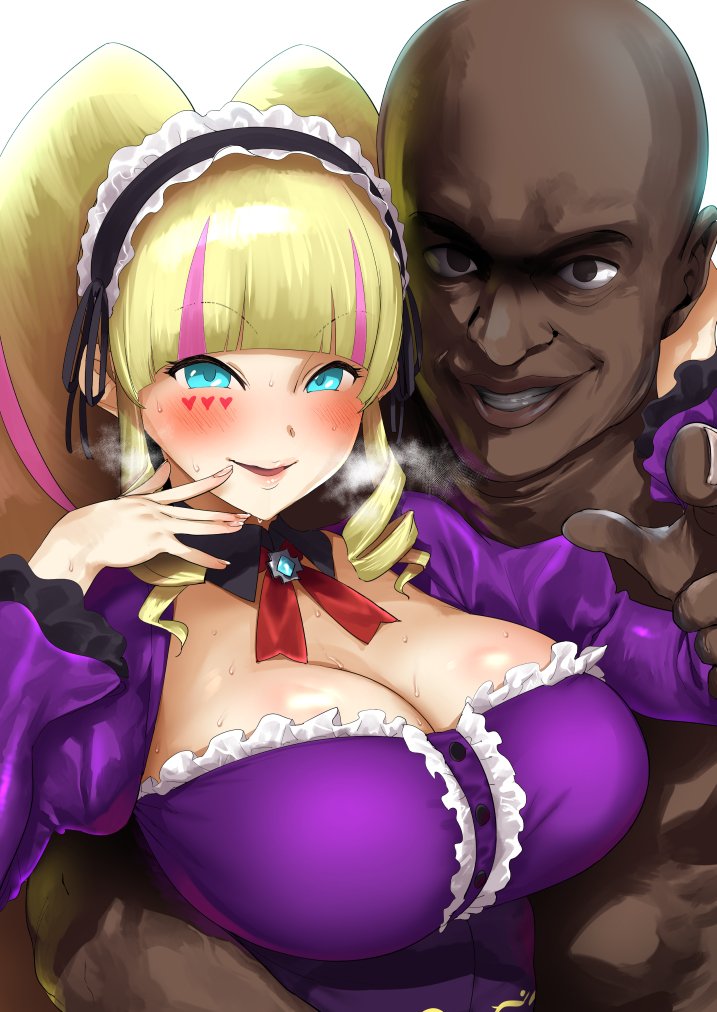 1boy 1girl bald bangs black_ribbon blonde_hair blue_eyes blunt_bangs blush breasts breath cleavage commentary_request copyright_request dark_skin dark_skinned_male detached_collar dress eyebrows_visible_through_hair fingernails grin hair_ribbon heart huge_breasts juliet_sleeves long_hair long_sleeves pija_(pianiishimo) puffy_sleeves purple_dress ribbon smile sweat twintails upper_body white_background you_gonna_get_raped