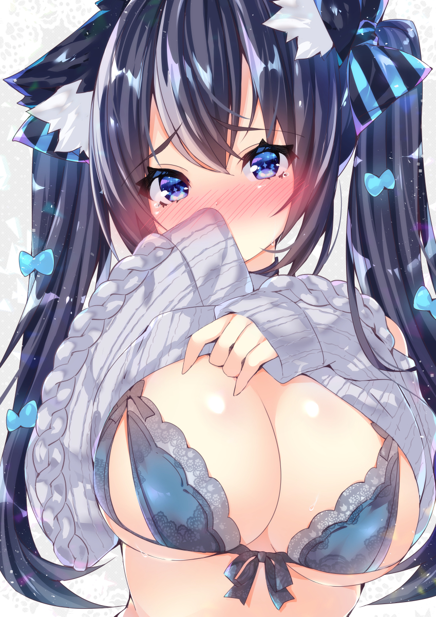 1girl animal_ear_fluff animal_ears aran_sweater bangs black_hair blue_bra blue_eyes blush bow bow_bra bra breasts cat_ears cleavage commentary_request covered_mouth eyebrows_visible_through_hair grey_sweater hair_between_eyes hair_bow hands_up head_tilt highres large_breasts lifted_by_self long_hair long_sleeves nose_blush ooji_cha original oziko_(ooji_cha) sleeves_past_wrists solo striped striped_bow sweater twintails underwear upper_body very_long_hair