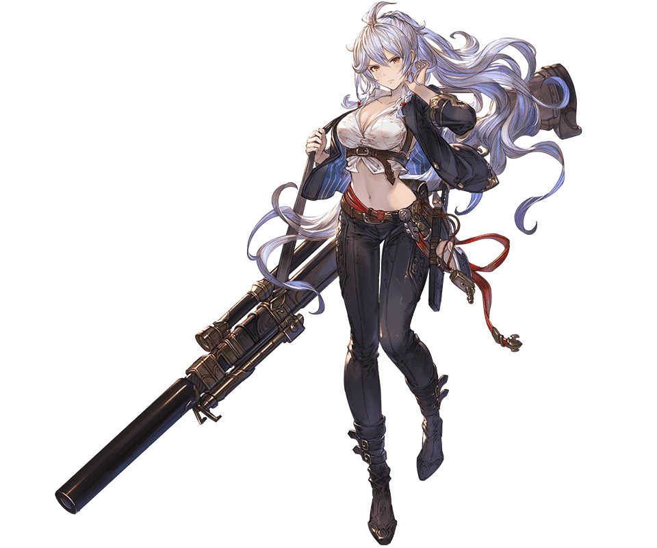 1girl arm_up bangs belt boots breasts brown_eyes cleavage closed_mouth collarbone granblue_fantasy gun huge_weapon jacket long_hair looking_at_viewer medium_breasts midriff minaba_hideo navel official_art open_clothes pants ponytail rifle scope serious shiny shiny_hair silva_(granblue_fantasy) silver_hair sniper_rifle solo transparent_background weapon