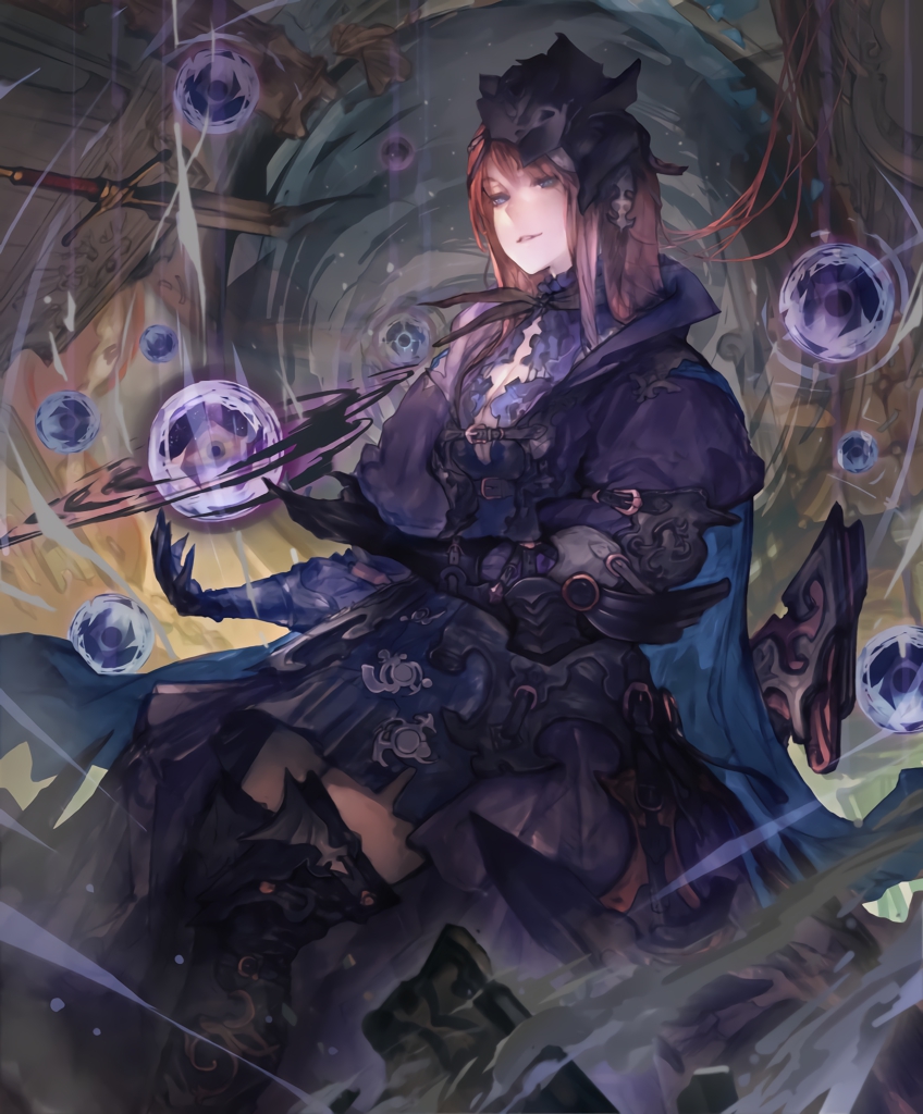 1girl artist_request boots broken broken_sword broken_weapon brown_hair cygames darkness dress frills gilnelise_omen_of_craving gloves hair_ornament hair_ribbon looking_at_viewer official_art orb puffy_sleeves ribbon ruins shadowverse smirk sword thigh-highs thigh_boots violet_eyes weapon