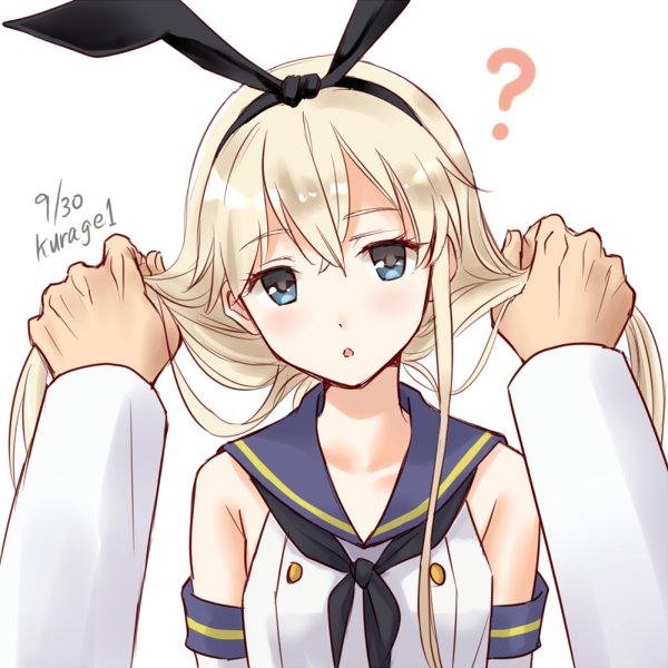1girl ? blonde_hair blue_eyes blue_sailor_collar crop_top dated elbow_gloves gloves holding holding_hair kantai_collection kurage1 long_hair looking_at_viewer low_twintails pov sailor_collar shimakaze_(kantai_collection) simple_background solo twintails twitter_username upper_body white_background white_gloves