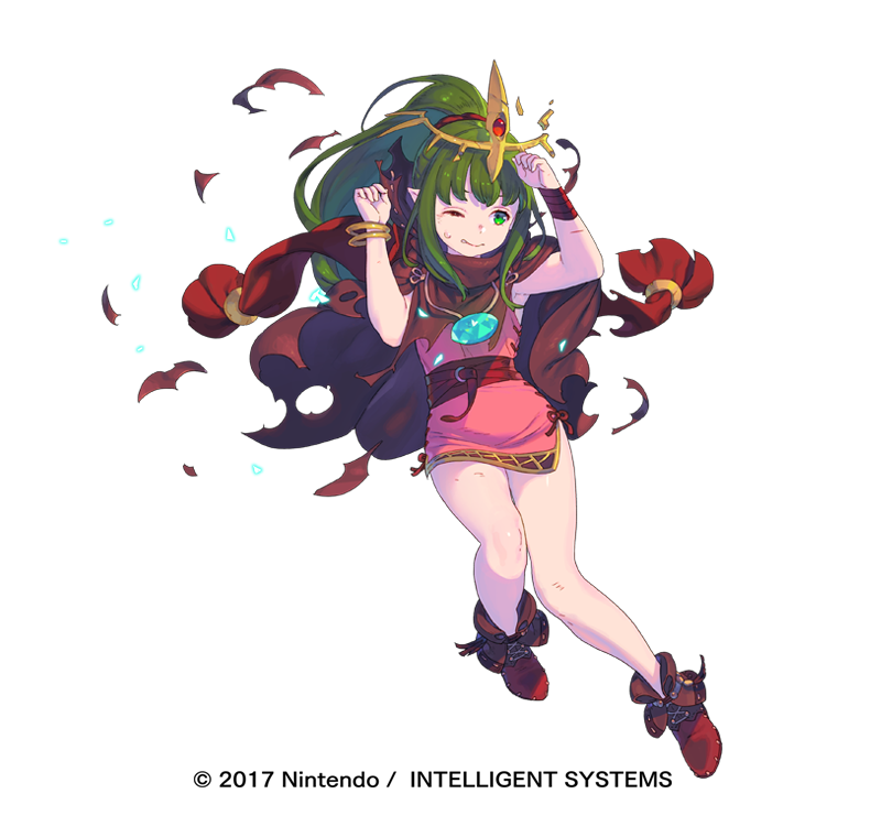 1girl ankle_boots boots bracelet brown_cape chiki closed_mouth dress fire_emblem fire_emblem:_mystery_of_the_emblem fire_emblem_heroes full_body green_eyes green_hair hands_up headpiece jewelry long_hair nagisa_kurousagi nintendo official_art one_eye_closed pink_dress ponytail sash short_dress simple_background solo sweatdrop torn_clothes watermark white_background wristband