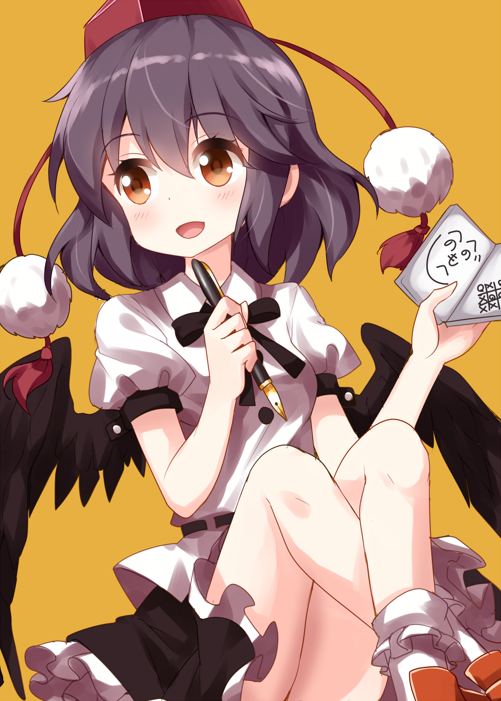 1girl :d ass bangs bare_legs black_hair black_neckwear black_ribbon black_wings blush bobby_socks book breasts brown_footwear brown_hair commentary_request eyebrows_visible_through_hair feathered_wings feet_out_of_frame hair_between_eyes hands_up hat highres holding holding_book holding_pen knees_up looking_to_the_side medium_breasts miniskirt neck_ribbon open_mouth pen petticoat pom_pom_(clothes) puffy_short_sleeves puffy_sleeves ribbon ruu_(tksymkw) shameimaru_aya shirt shoes short_sleeves simple_background sitting skirt smile socks solo tassel thighs tic-tac-toe tokin_hat touhou white_legwear white_shirt wings yellow_background