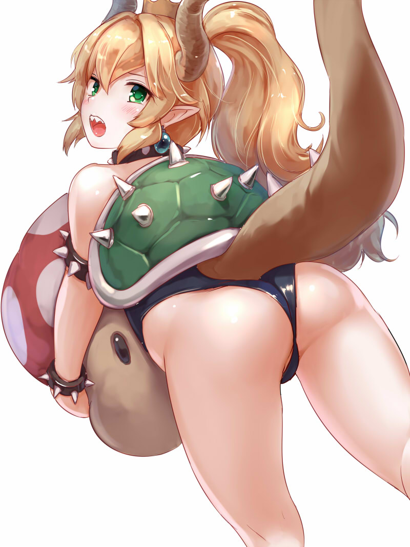 1girl alternate_eye_color aqua_earrings ass back bangs bare_shoulders black_leotard blonde_hair blush bowsette carrying curvy doll from_behind green_eyes hair_between_eyes highleg highleg_leotard hips kneepits legs leotard long_ponytail looking_at_viewer looking_back super_mario_bros. new_super_mario_bros._u_deluxe nintendo nyaa_(nyaanyaa) open_mouth pointy_ears reflective_eyes sharp_teeth shiny shiny_hair short_hair sidelocks simple_background solo spiked_shell spiked_tail strapless strapless_leotard super_crown super_mushroom teeth thick_thighs thighs tongue walking white_background wide_hips