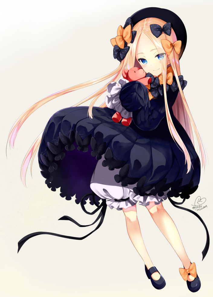 1girl abigail_williams_(fate/grand_order) azuma_yuki bangs black_bow black_dress black_footwear black_hat blonde_hair bloomers blue_eyes blush bow brown_background bug butterfly closed_mouth dress eyebrows_visible_through_hair fate/grand_order fate_(series) forehead gradient gradient_background hair_bow hat insect long_hair long_sleeves looking_at_viewer mary_janes object_hug orange_bow parted_bangs polka_dot polka_dot_bow shoes signature sleeves_past_fingers sleeves_past_wrists smile solo standing stuffed_animal stuffed_toy teddy_bear twitter_username underwear very_long_hair white_background white_bloomers