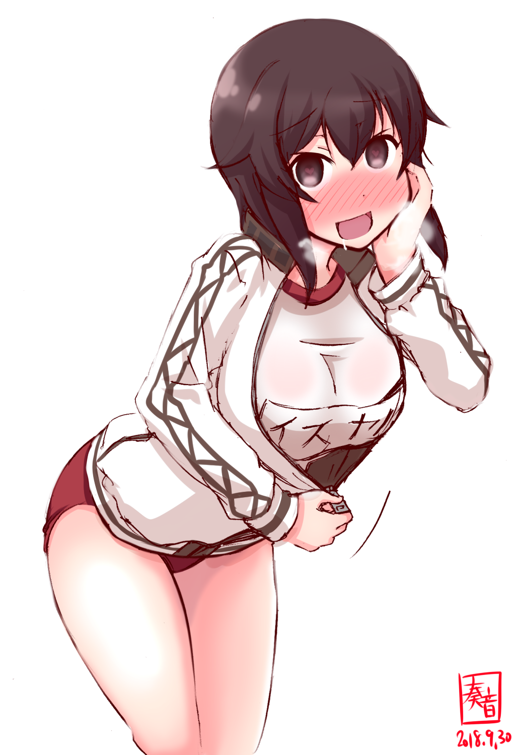 1girl alternate_costume artist_logo black_hair blush breasts breath brown_eyes buruma dated eyebrows_visible_through_hair gym_shirt gym_uniform hayasui_(kantai_collection) heart heart-shaped_pupils highres jacket kanon_(kurogane_knights) kantai_collection large_breasts long_sleeves looking_at_viewer open_clothes open_jacket open_mouth red_buruma saliva shirt short_hair short_sleeves signature simple_background solo sweat symbol-shaped_pupils track_jacket unzipped white_background white_jacket white_shirt zipper