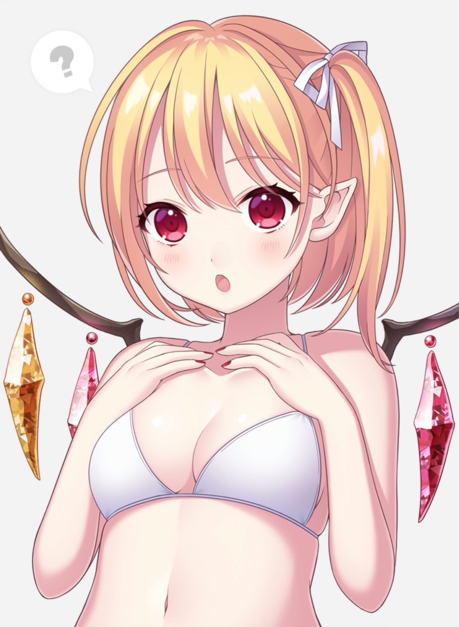 1girl :o ? bangs bare_arms bare_shoulders blonde_hair blush bra breasts cleavage collarbone commentary_request crystal eyebrows_visible_through_hair flandre_scarlet grey_background hair_between_eyes hair_ribbon hands_on_own_chest hands_up highres looking_at_viewer medium_breasts nail_polish navel no_hat no_headwear one_side_up open_mouth pointy_ears red_eyes red_nails ribbon shiny shiny_skin short_hair simple_background skindentation solo spoken_question_mark stomach touhou underwear upper_body white_bra white_ribbon wings yamayu
