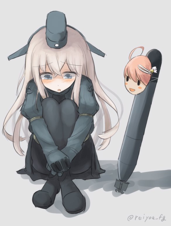 1girl black_legwear blonde_hair blue_eyes commentary_request cropped_jacket crying crying_with_eyes_open full_body garrison_cap hat i-58_(kantai_collection) kantai_collection long_hair looking_down mask military military_uniform pantyhose reiyou_fg simple_background sitting solo tears torpedo twitter_username u-511_(kantai_collection) uniform white_background
