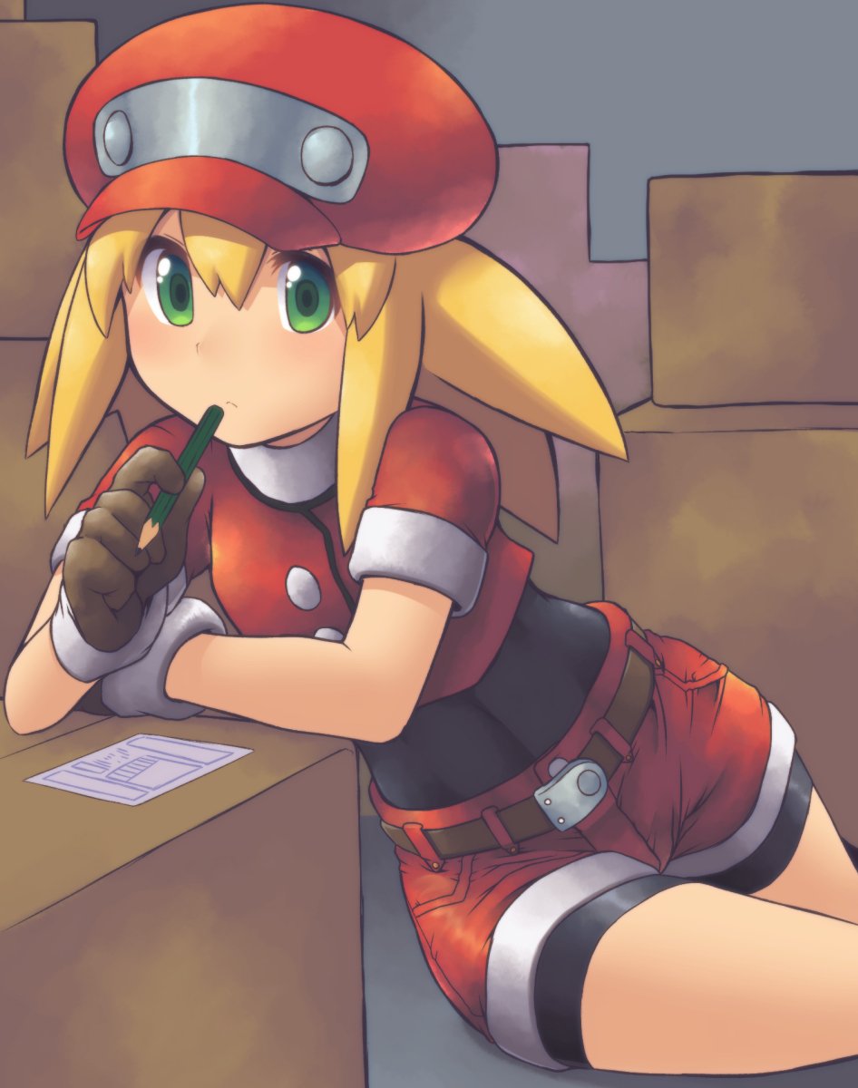 1girl bike_shorts bike_shorts_under_shorts box brown_gloves cabbie_hat cardboard_box gloves green_eyes hair_pulled_back hat highres looking_at_viewer m.m pencil red_hat red_shorts rockman rockman_dash roll roll_caskett short_sleeves shorts