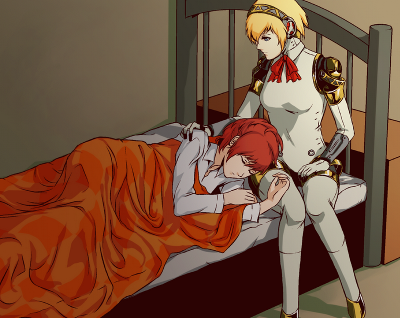 2girls aegis_(persona) android bed bed_frame blanket blonde_hair bow closed_eyes female_protagonist_(persona_3) flauschtraut hand_on_another's_shoulder headphones long_sleeves looking_at_another lying medium_hair multiple_girls on_side persona persona_3 persona_3_portable red_neckwear red_ribbon redhead ribbon robot_joints short_hair sitting sleeping yuri