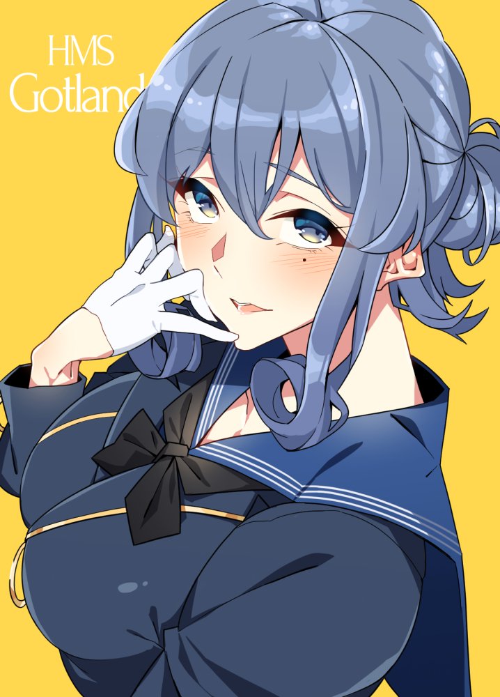 1girl asakawa_(outeq) black_neckwear blue_eyes blue_hair blue_sailor_collar blush breasts commentary eyebrows_visible_through_hair gloves gotland_(kantai_collection) hair_between_eyes hair_bun half_gloves kantai_collection long_hair long_sleeves looking_at_viewer looking_up military military_uniform mole mole_under_eye open_mouth round_teeth sailor_collar sidelocks simple_background solo teeth uniform upper_body white_gloves yellow_background