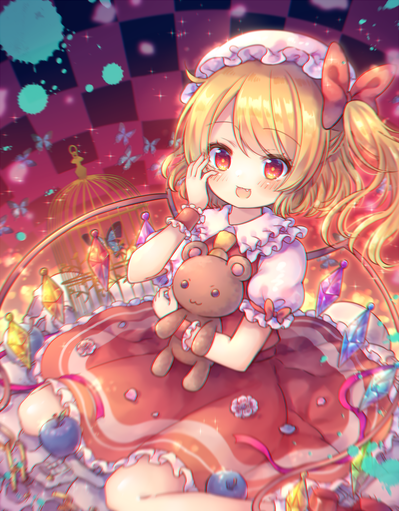 1girl :d birdcage blonde_hair blueberry blurry blush bow cage checkered checkered_background chromatic_aberration commentary_request crystal fang flandre_scarlet food frilled_shirt_collar frills fruit hair_bow hand_on_own_cheek hand_on_own_face hand_up hat mob_cap object_hug one_side_up open_mouth pjrmhm_coa puffy_short_sleeves puffy_sleeves red_bow red_eyes red_skirt red_vest shirt short_sleeves sitting skirt smile solo stuffed_animal stuffed_toy teddy_bear touhou vest wariza white_hat white_shirt wings wrist_cuffs